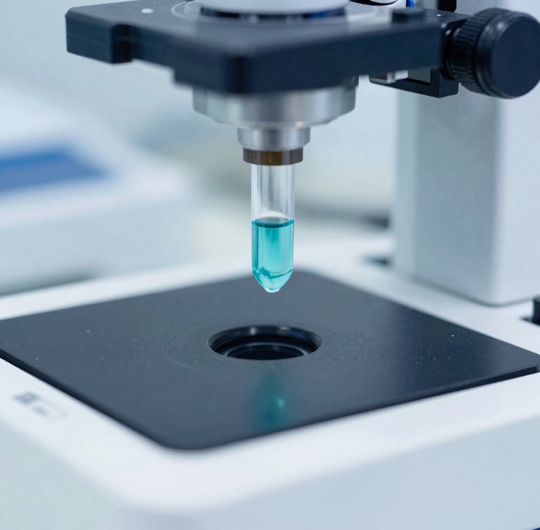 Macro photograph of a sterile laboratory analyzer with a cool teal liquid sample, precise clinical lighting, sharp focus, 35mm