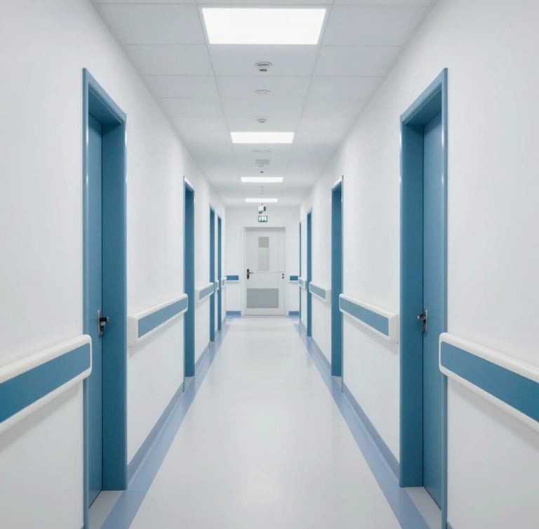 Pristine modern hospital corridor with clean clinical lighting, sharp perspective, sterile white surfaces, crisp clinical photography, bright cool-toned daylight, 35mm
