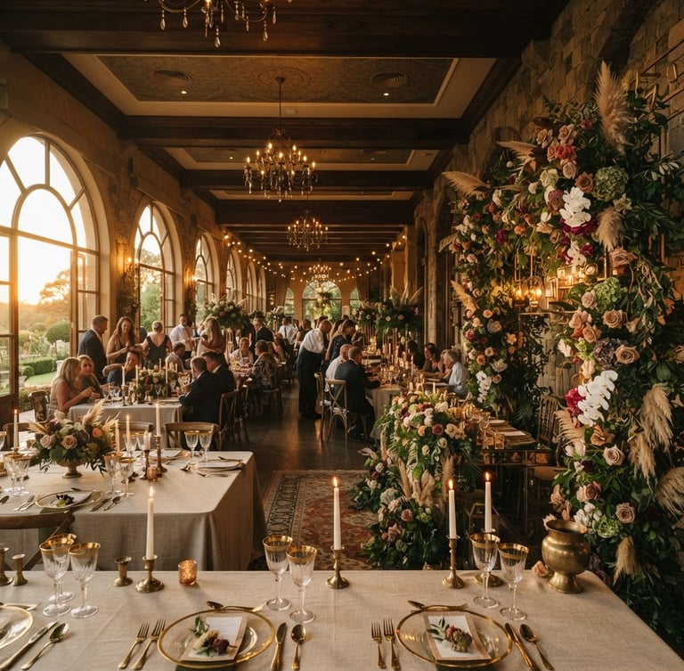 Wide panoramic shot of a beautifully lit event venue, featuring intricate decor details, brass vessels, and a grand floral installation to the right, with soft golden-hour light filtering in.