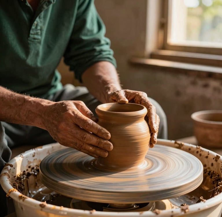 Close-up of local artisan hands shaping a terracotta clay pot on a manual wheel, warm golden-hour sunlight filtering through an open window, rustic workshop background