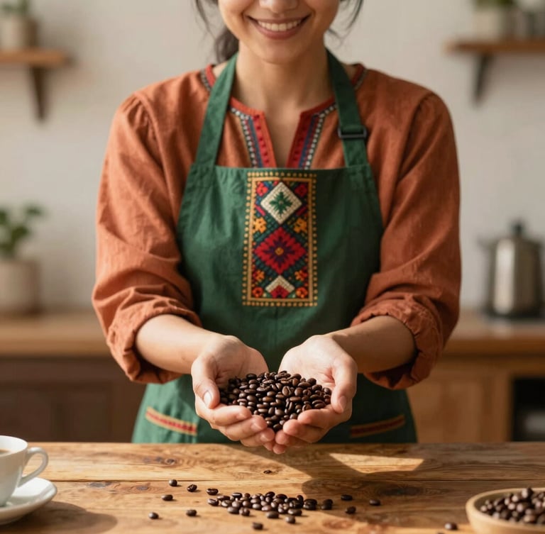 A local woman in a colorful traditional apron smiling warmly while showing fresh coffee beans in her hands, soft natural indoor lighting, rustic wooden table