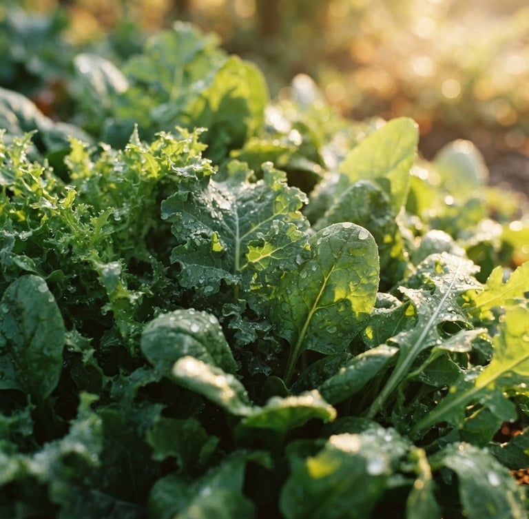 Freshly harvested leafy greens with water droplets, warm golden-hour morning sunlight, macro close-up, shallow depth of field, 35mm.