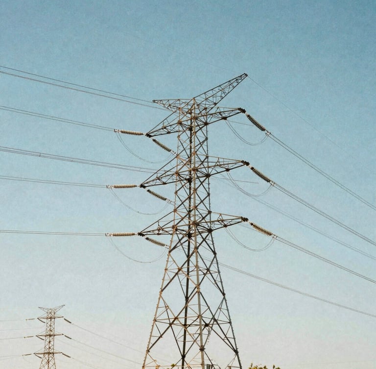 High-voltage transmission towers stretching across the Australian outback, sharp technical detail, cool daylight, 35mm.