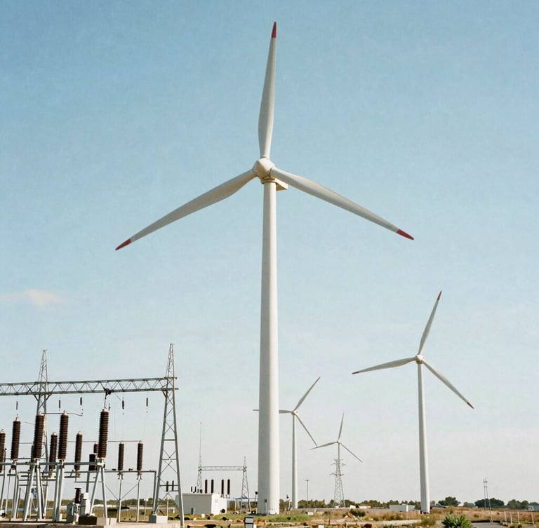 Crisp industrial photography of wind farm turbines connecting to a high-voltage substation under bright daylight, 35mm.