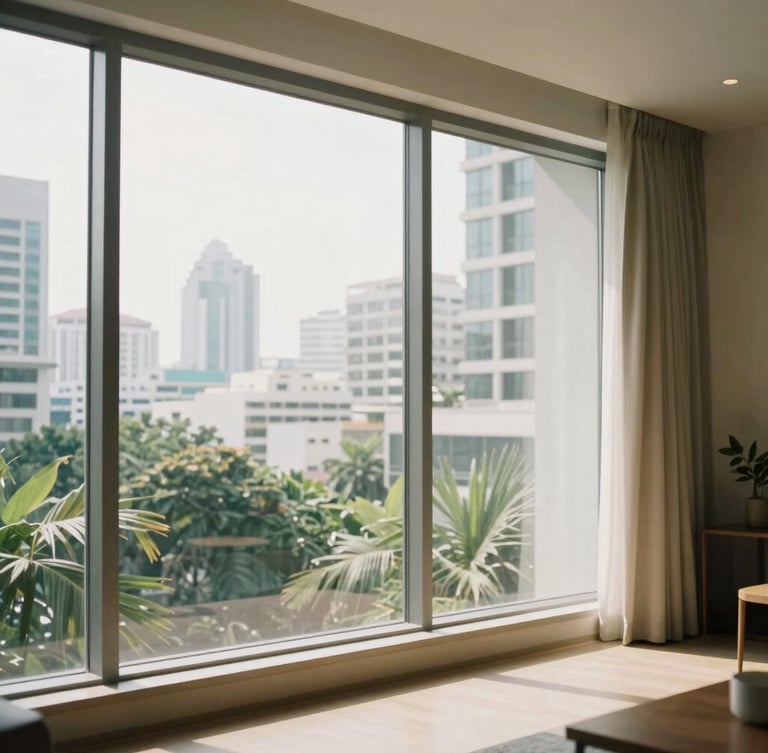 Bright modern Bangkok condo interior with warm morning light streaming through floor-to-ceiling windows, soft natural daylight, muted tropical tones, 35mm.