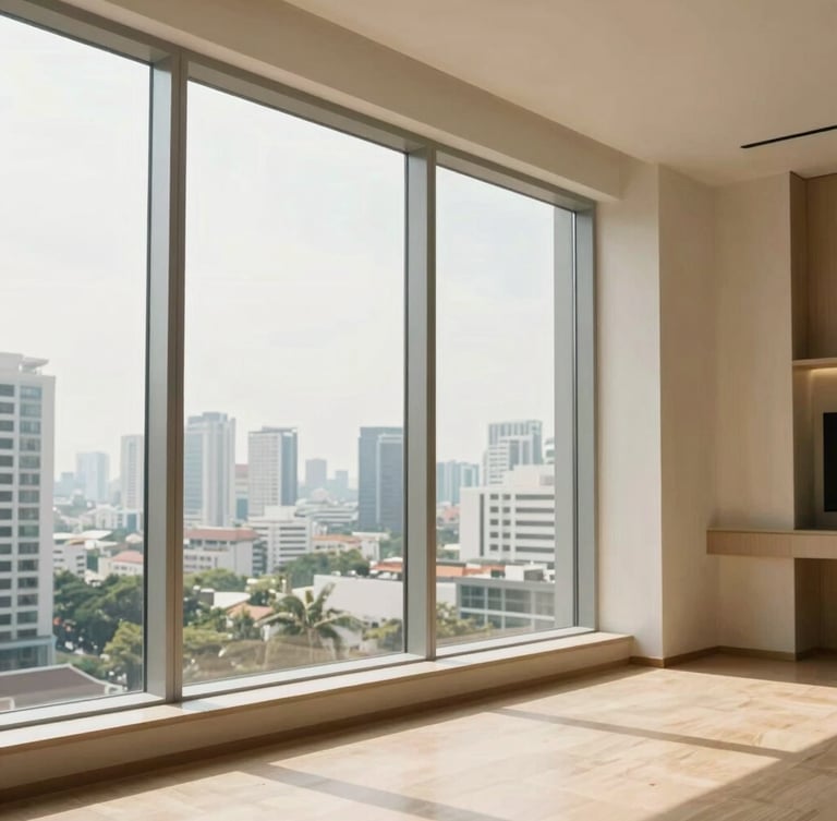 Bright modern high-rise condo interior in Bangkok, floor-to-ceiling windows with soft natural daylight, warm sand tones, minimalist decor, 35mm photography