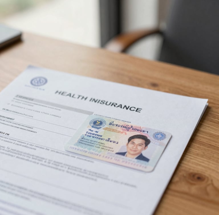 A close-up of an official health insurance policy document and Thai visa stamp on a warm wooden desk, soft natural daylight, 35mm