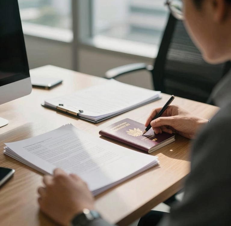 A professional consultation in a sunlit Bangkok office, close-up of documents and passports on a wooden desk, soft natural daylight, warm editorial photography, 35mm
