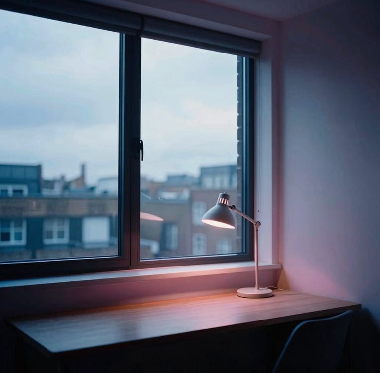 A modern, minimalist student apartment interior in London, large window showing overcast sky, desk with study lamp, cool blue and pink tones, 35mm photography.