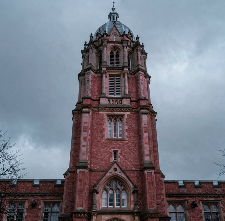 Moody editorial architectural shot of a historic red-brick UK university tower under dramatic overcast grey sky, cool pink tones, 35mm photography.
