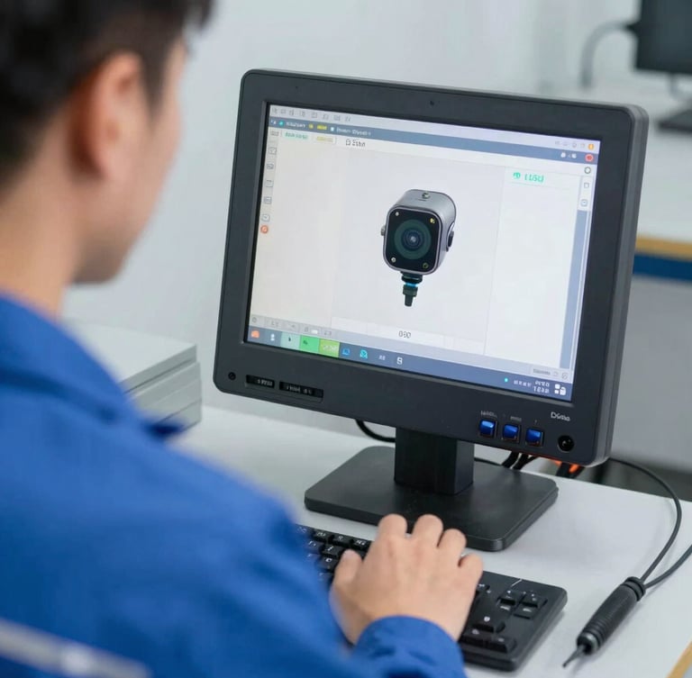 Close-up of a technician in a clean uniform operating a digital diagnostic screen connected to a sewer inspection camera, bright daylight, sharp focus