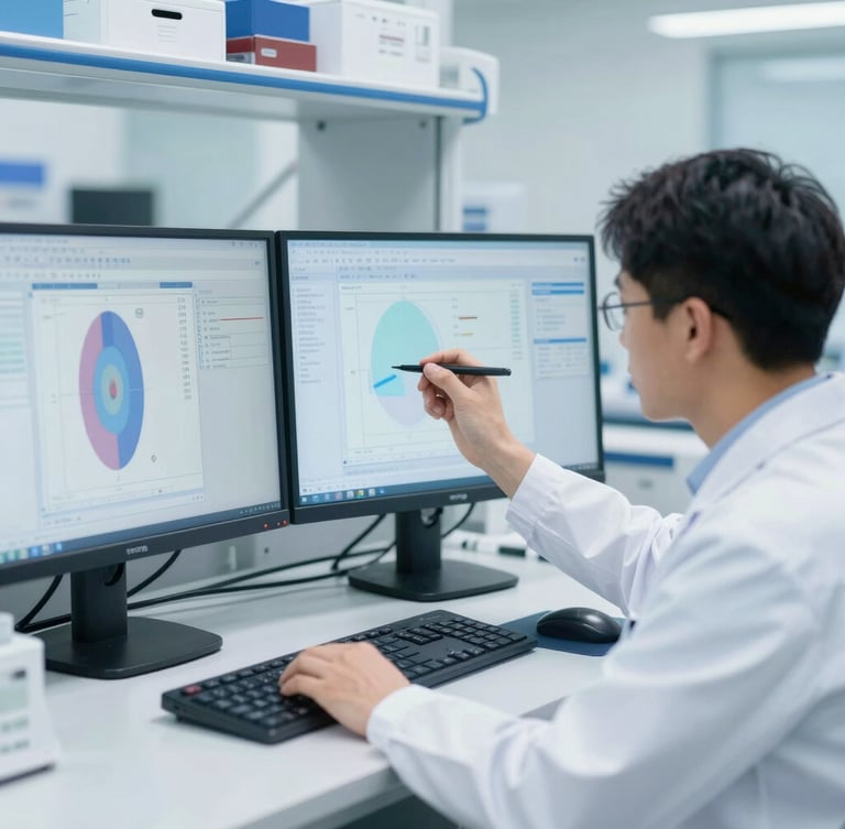 Crisp clinical photography of a professional in a clean sterile lab coat analyzing chromatography data on a dual-monitor setup, bright sterile lighting.