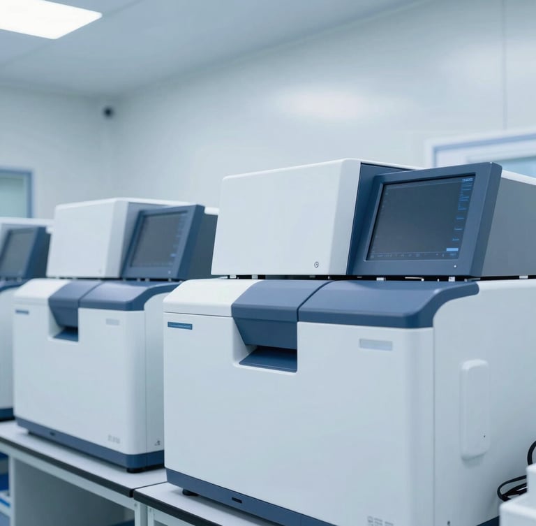Crisp clinical photography of a modern pharmaceutical cleanroom, high-performance liquid chromatography HPLC machines, sterile white laboratory lighting, cool blue and white tones, sharp focus.