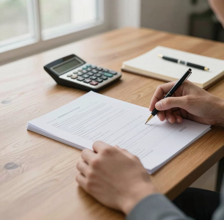 Close-up of hands reviewing physical accounting documents on a warm wooden desk, soft natural window light, clean calculator and notebook, elegant editorial style, shallow depth of field, 35mm