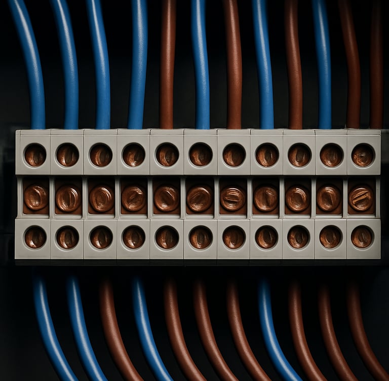 Macro shot of perfectly organized electrical panel with neat, parallel wire routing and copper terminals under sharp directional light.