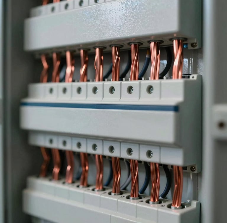 Macro shot of a perfectly organized smart electrical panel, neat parallel copper wire routing, sharp directional industrial lighting, high contrast.