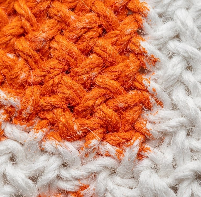 Macro studio photograph of vibrant orange ink bonding to white cotton fabric fibers, high-key clean lighting, ultra-detailed texture, sharp focus, 50mm