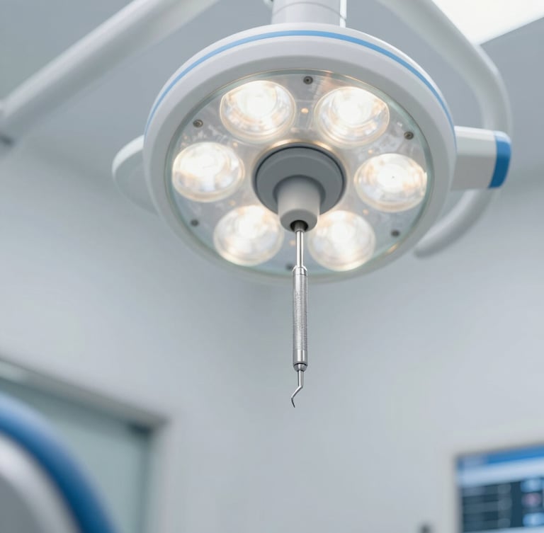 Close-up of modern, pristine dental diagnostics tool under soft clinical light, shallow depth of field, sky blue accents.