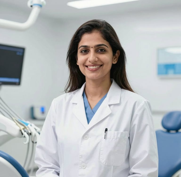 A professional portrait of Dr. Simran, a female dentist in clean white clinical attire, smiling warmly in a bright, modern Zirakpur dental clinic, soft daylight.