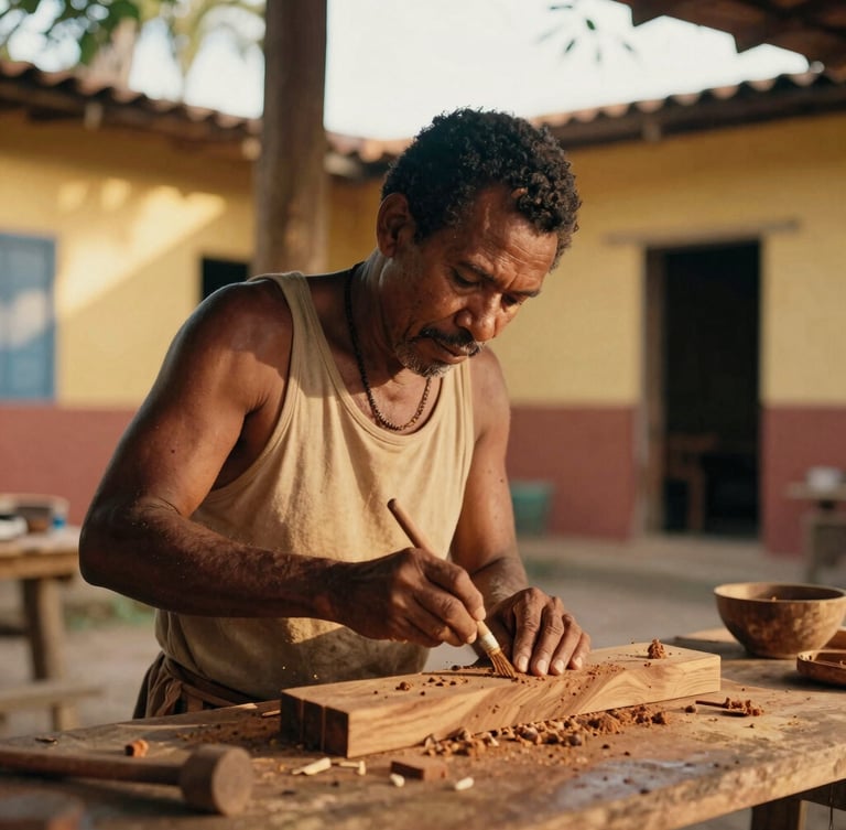 Candid portrait of a Bahian artisan carving wood in a sunlit courtyard, warm golden-hour light, rich earth tones, 35mm film grain