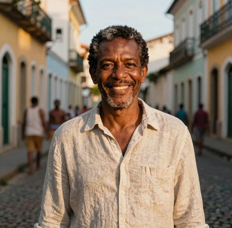 Intimate candid portrait of a warm-smiling Afro-Brazilian man in his late 40s, linen shirt, standing in a colorful Salvador street, soft background blur, golden hour