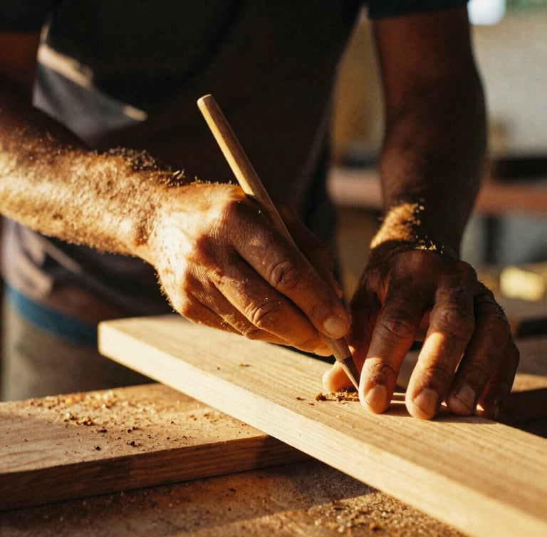 Close-up environmental shot of a master artisan's hands carving wood in a sunlit Bahia workshop, warm golden-hour light, 35mm film grain