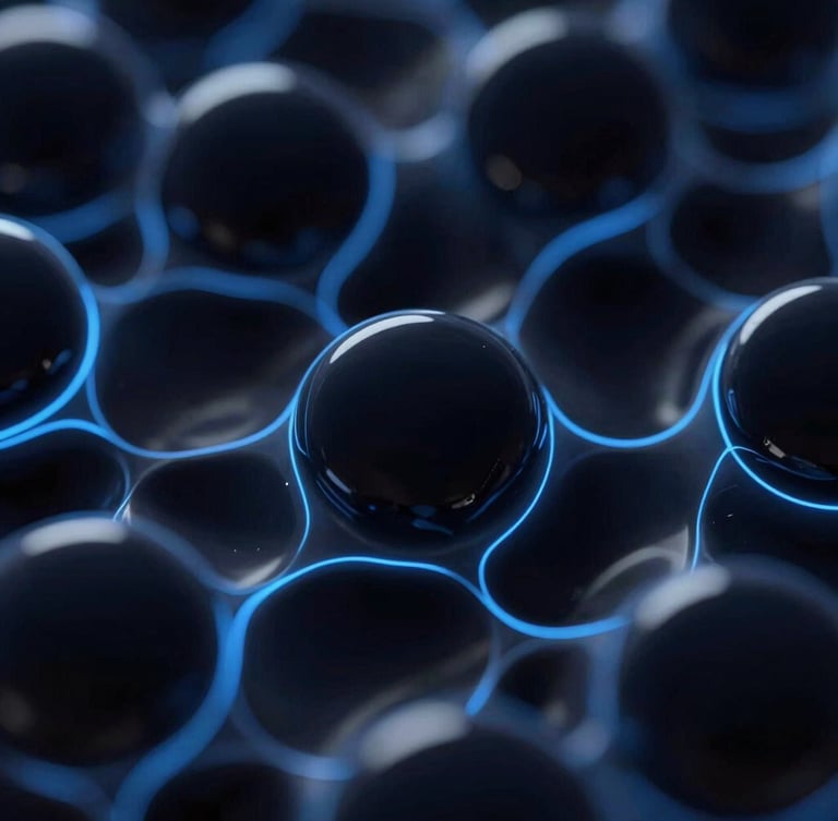 Close-up macro shot of interconnected abstract 3D fluid glass shapes, dark navy, with glowing blue lines, shallow depth of field, under dramatic rim lighting.