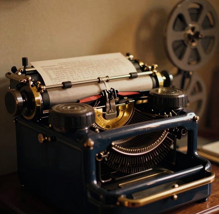 Intimate portrait crop of a vintage printing press paired with a modern film projector, warm tungsten light glinting on gold brass, deep shadows.