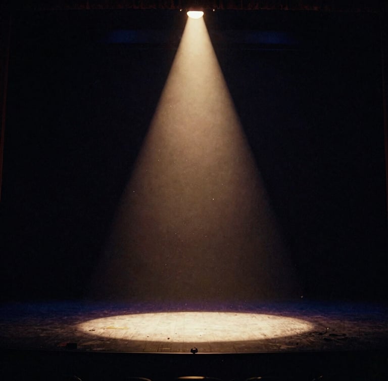 Cinematic wide shot of a classic theatre stage under a single warm tungsten spotlight, dust motes dancing in the beam, deep midnight navy shadows, 35mm film texture.