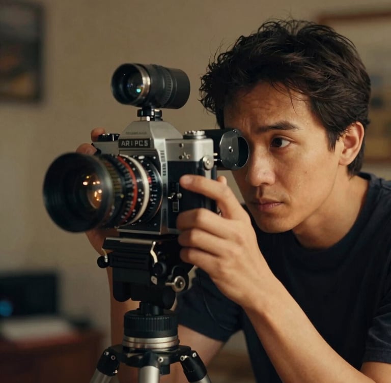 Low-key environmental portrait of a director looking through the viewfinder of a classic Arriflex 35mm film camera, warm tungsten glow, soft focus background