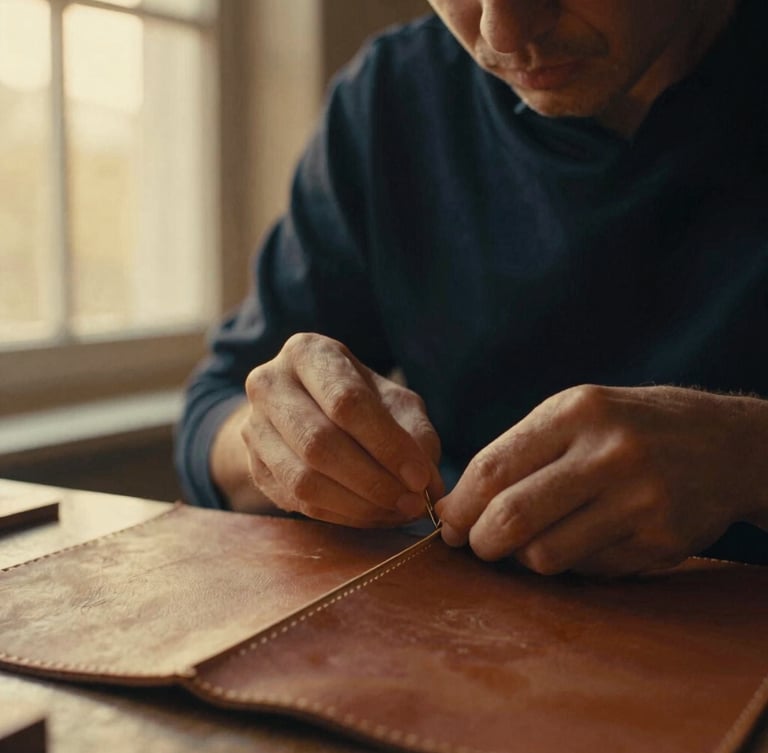 Low-key environmental portrait of an artisan bookbinder stitching a leather spine by golden-hour window light, warm cinematic photography, 35mm film