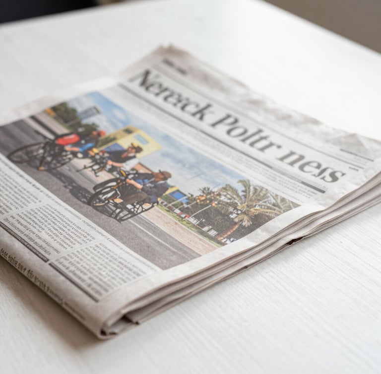 A close-up of a printed newspaper layout resting on a clean white wooden table, sharp editorial photojournalism, bright natural daylight