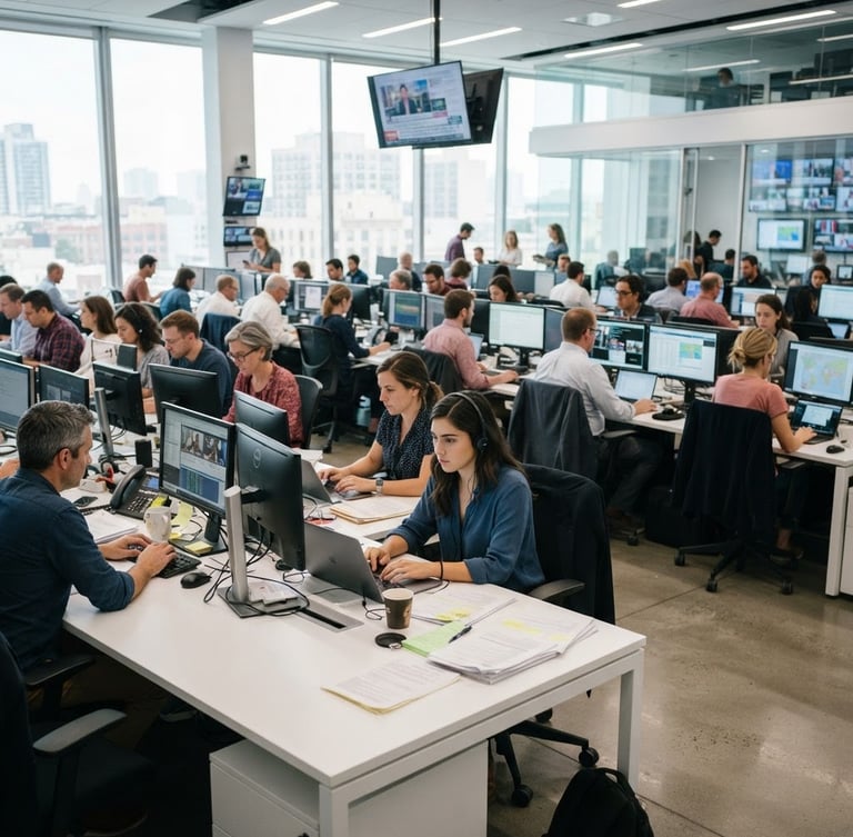 Wide photojournalism shot of a busy modern newsroom, journalists working at clean white desks, bright natural daylight, sharp focus