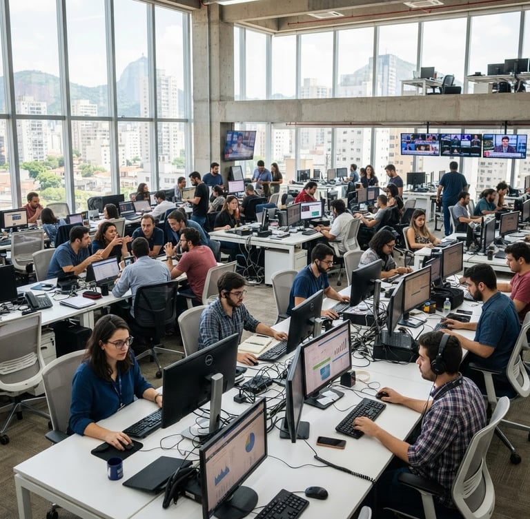 Wide environmental shot of a modern, bright Brazilian newsroom, journalists working at clean white desks with monitors, natural daylight streaming through large windows, 35mm lens, realistic color palette.