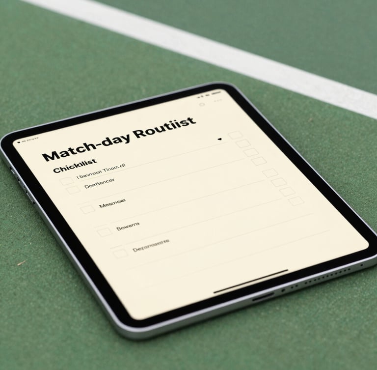Close-up of a digital tablet showing a clean match-day routine checklist, resting on a green tennis court baseline, soft morning light.