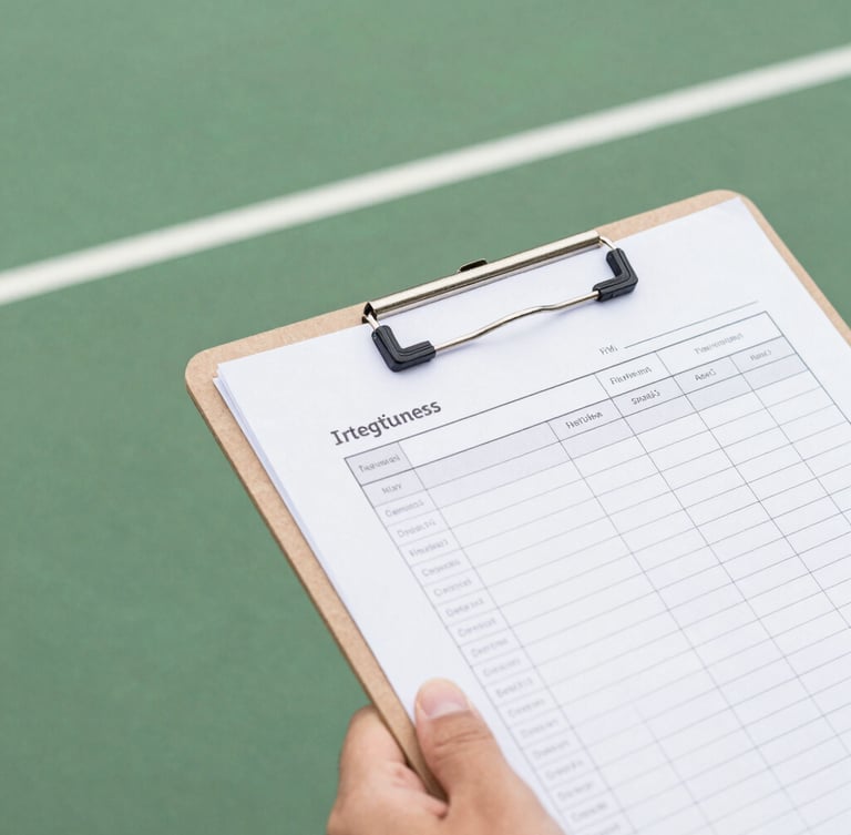 Overhead macro shot of a hand holding a printed PDF tracking worksheet on a clipboard, crisp white court lines in the background.