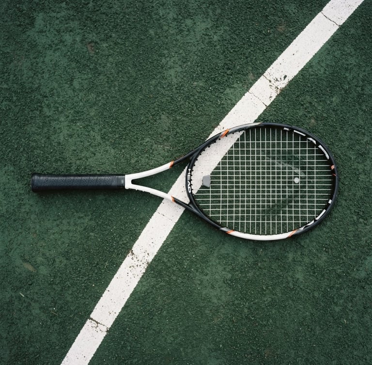 Overhead clean editorial photograph of a professional tennis racket resting on a crisp white court line, deep forest green clay surface, soft morning daylight, 35mm.