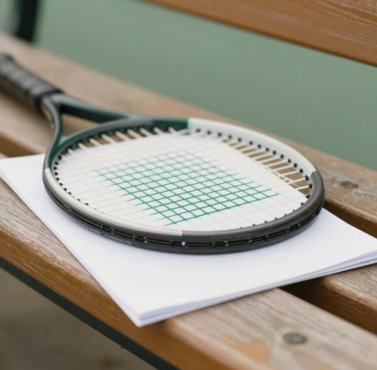 A tennis racket resting on a wooden bench next to a folded white paper routine sheet with clear green typography, soft natural daylight.