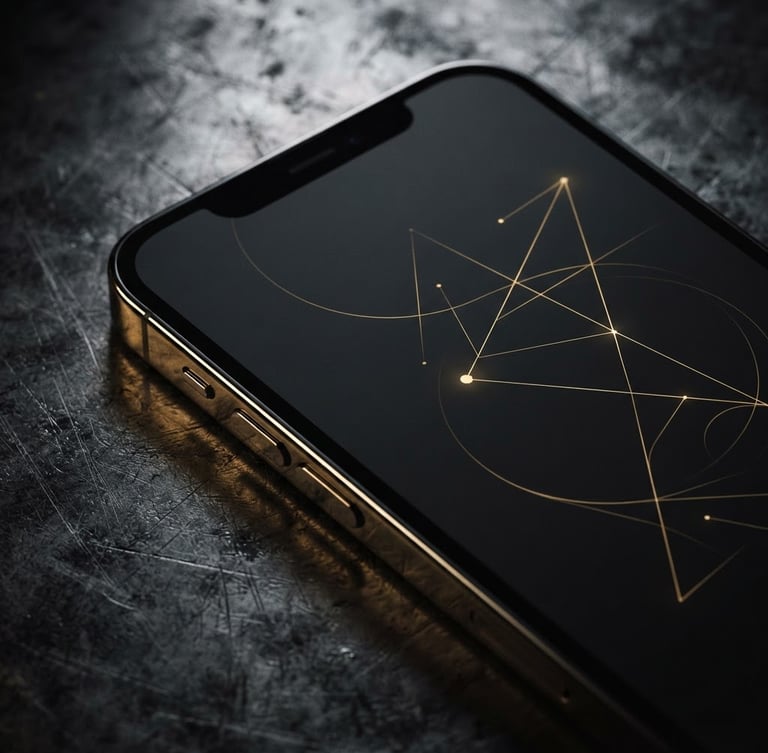 Extreme close-up of a sleek smartphone displaying a minimalist dark UI with gold accents, set against a dark textured metallic background, dramatic side-lighting, 35mm
