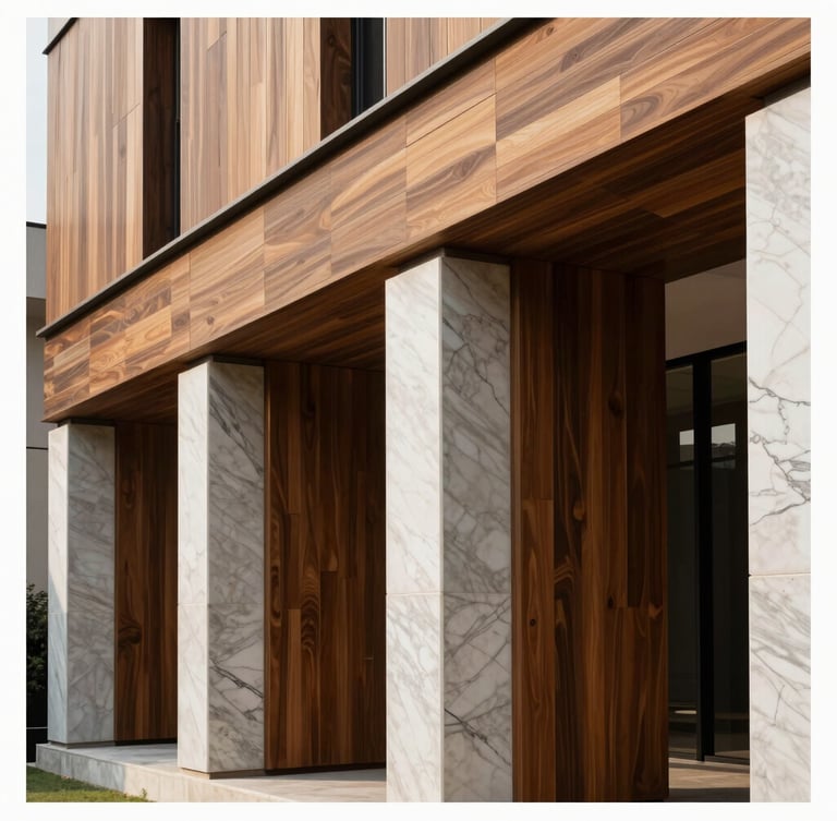 Sharp architectural geometry of a modern luxury estate in New Delhi, featuring raw teak panels and white marble columns under diffused morning light, portrait crop