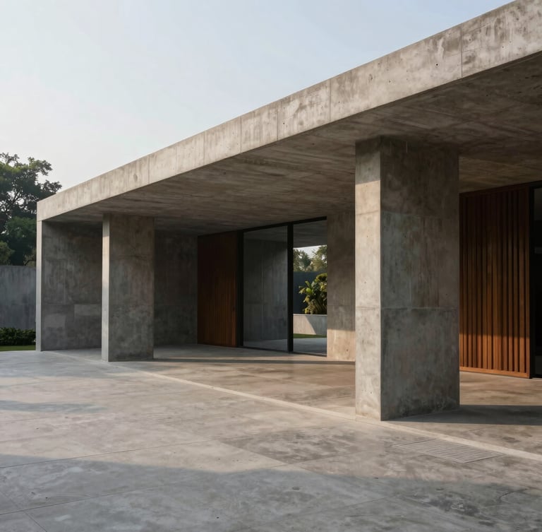 Wide-angle architectural detail of a modern concrete and teak pavilion in New Delhi, sharp geometric shadows, diffused morning light.