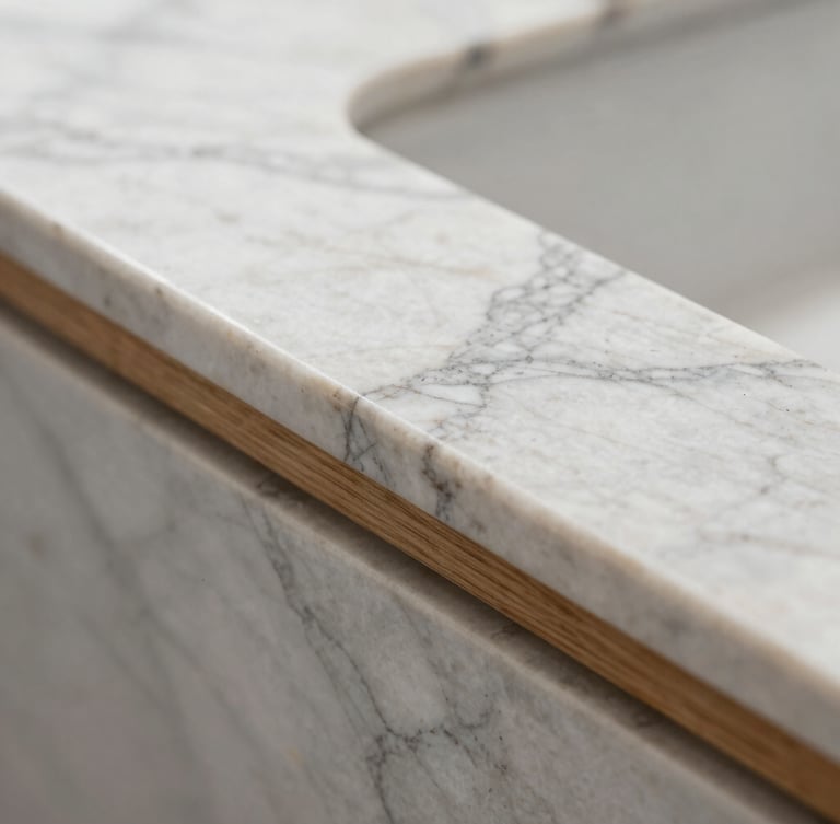 Macro detail of premium white marble and natural teak wood textures, architectural shadows, soft natural side lighting.
