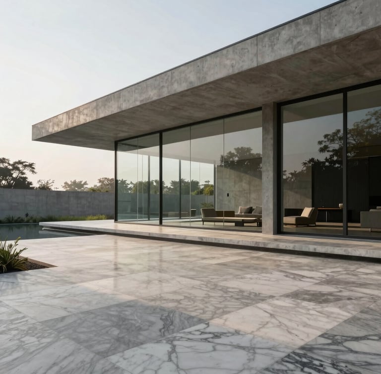 Wide architectural crop of a minimalist concrete and glass luxury pavilion in New Delhi, morning light casting sharp geometric shadows on raw marble floors.