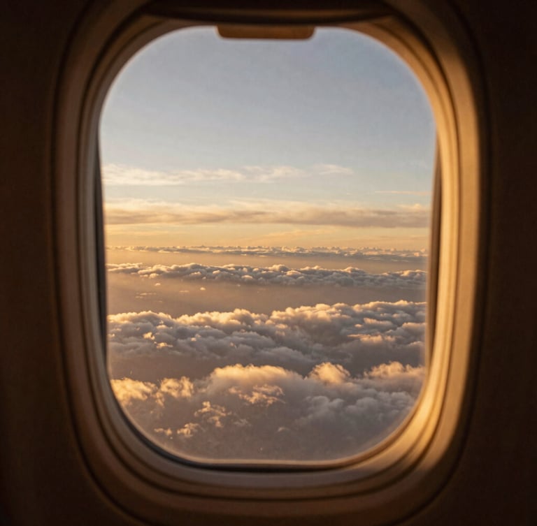 Atmospheric view of a flight deck window looking out to a vast golden-hour horizon over soft layered clouds, cinematic fine-art photography