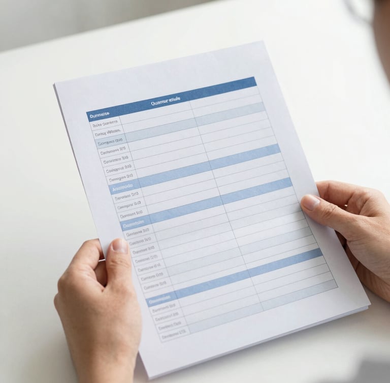 Close-up of hands holding a clean printed administrative guide document, minimalist desk background, soft natural overcast daylight