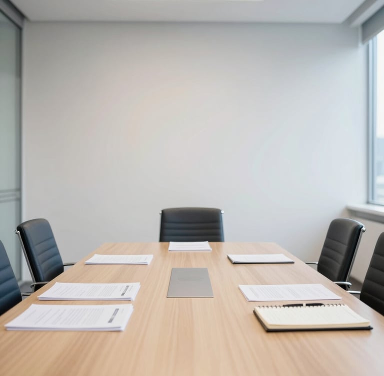 A bright, clean office meeting room in Lugano, structured composition, natural overcast daylight, a wooden table with official documents and a notebook, professional neutral atmosphere