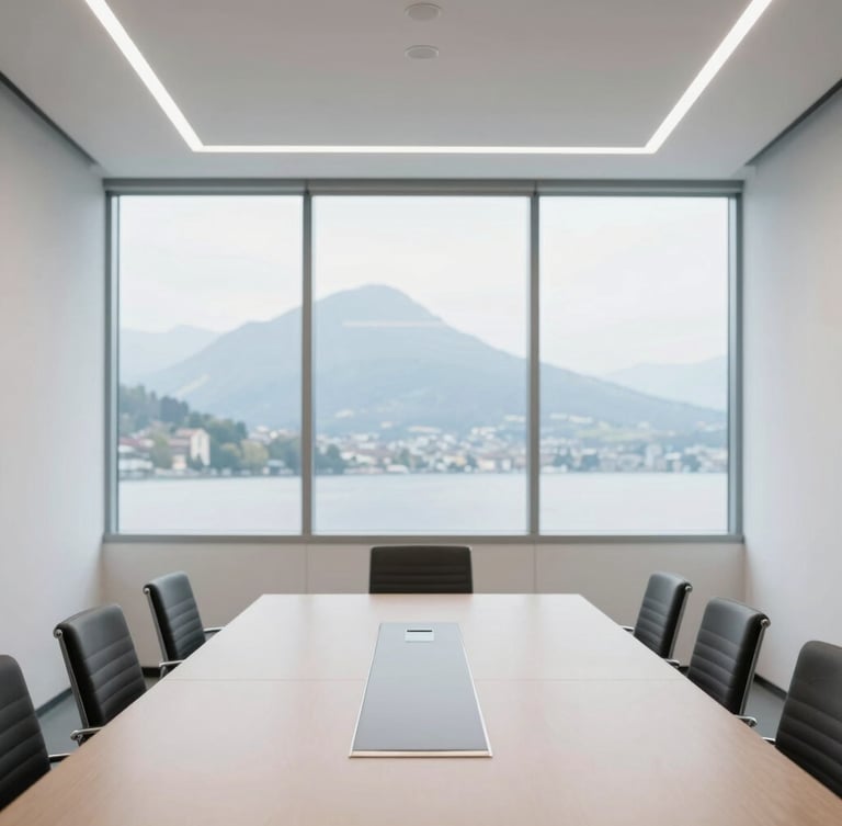 Bright overcast daylight shot of a modern office meeting room in Lugano, clean architectural lines, professional neutral atmosphere, 35mm