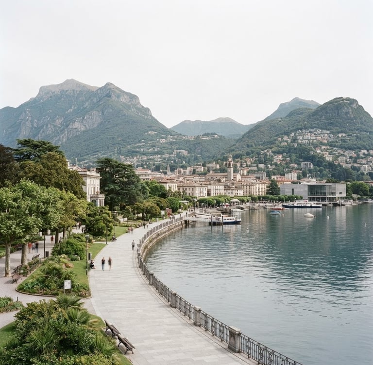 Wide environmental shot of the Lugano lakefront and surrounding mountains under bright overcast daylight, clean institutional photography, 35mm