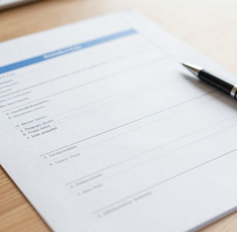 Close-up of clean official administrative documents and a pen on a wooden desk, bright natural overcast daylight, soft focus, 35mm