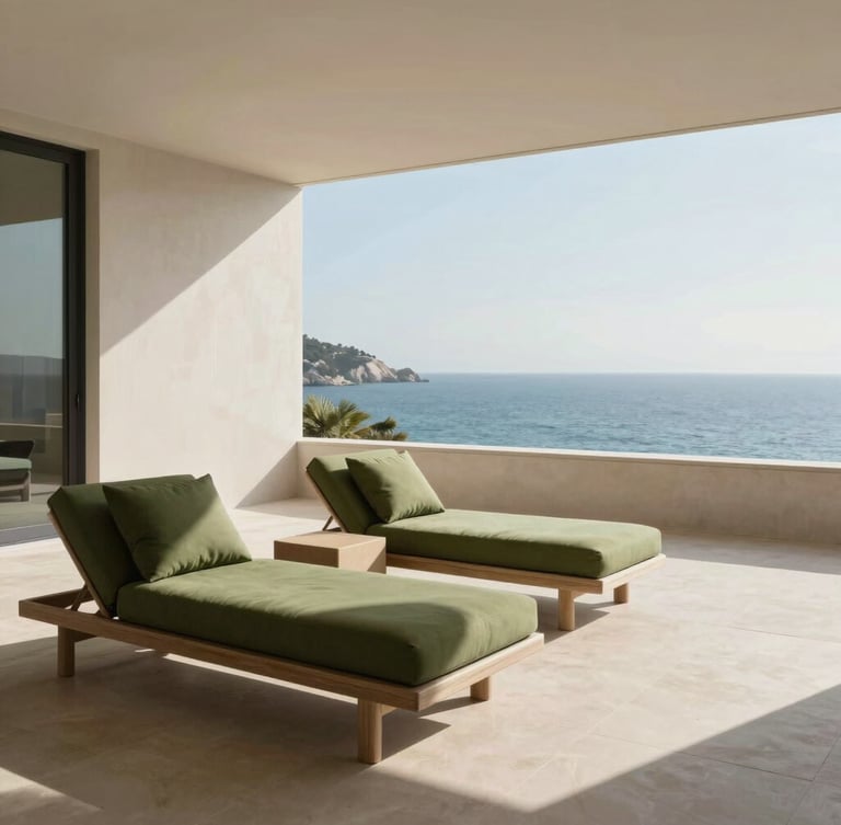 A sun-drenched minimalist luxury apartment terrace on the Mediterranean coast, clean architectural lines, olive green cushions on designer lounge chairs, soft morning shadows, wide angle.